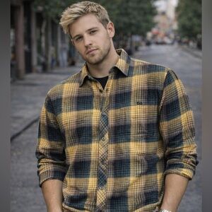 Billabong Flannel Shirt Mens Large Yellow Teal Plaid Long Sleeve 100% Cotton